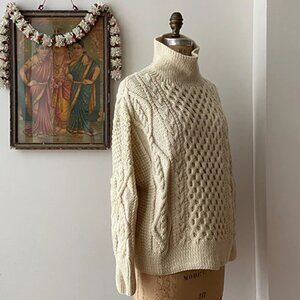 Auntie Oti very Babaa handknit wool fisherman cable pullover sweater, OS